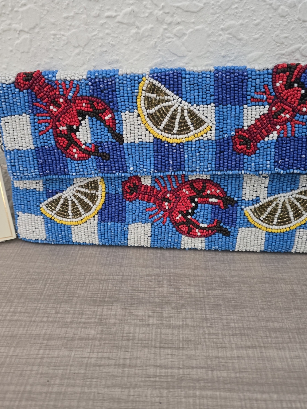 NWT Sol & Mer Beaded Lobster Lemon Gingham Clutch Bag